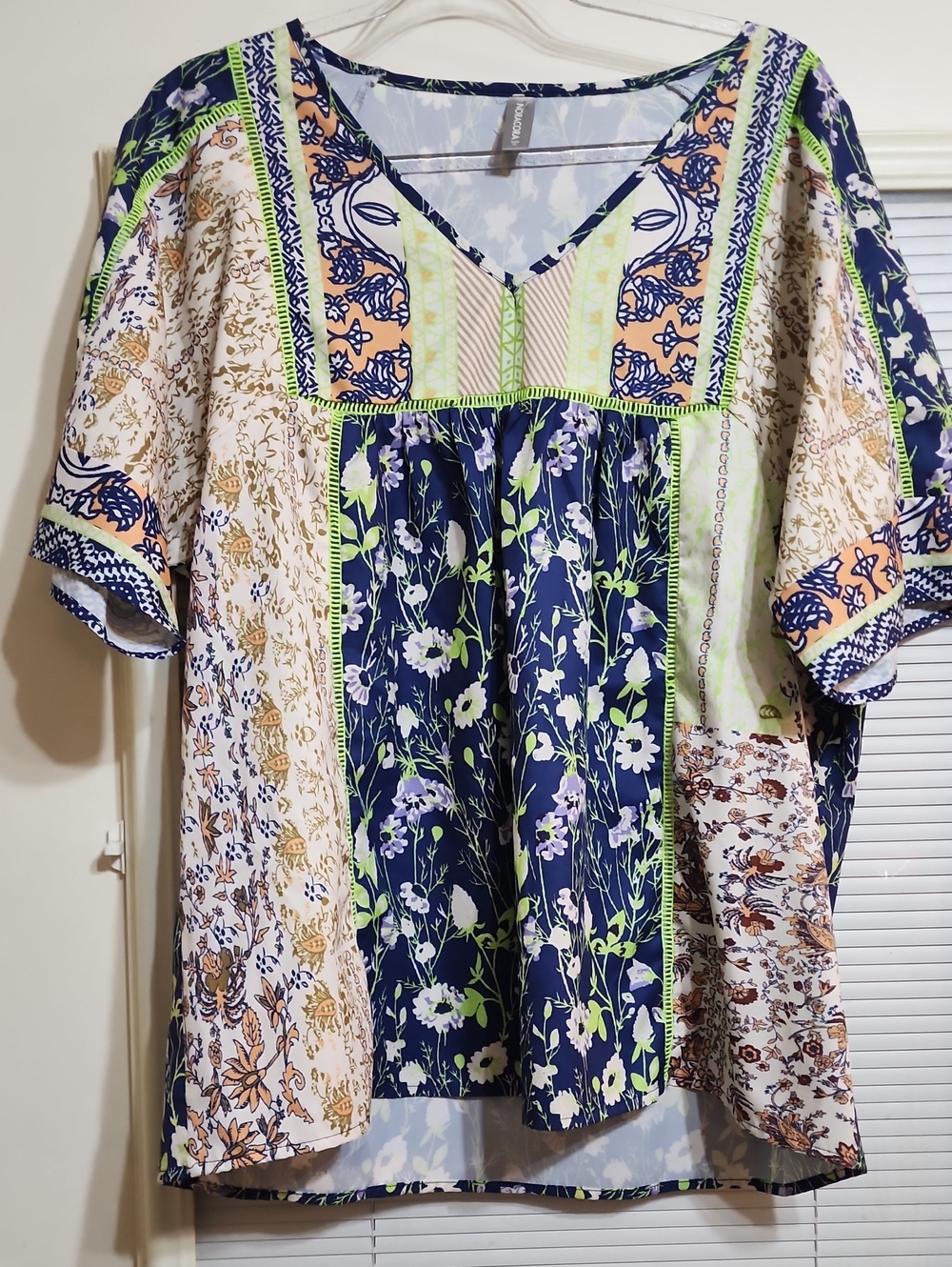 Boho Patchwork Floral V-Neck Top in Navy and Lime